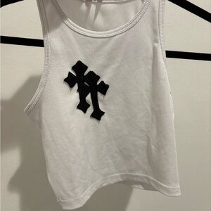 White Crop Tank Top with Black Cross Patch